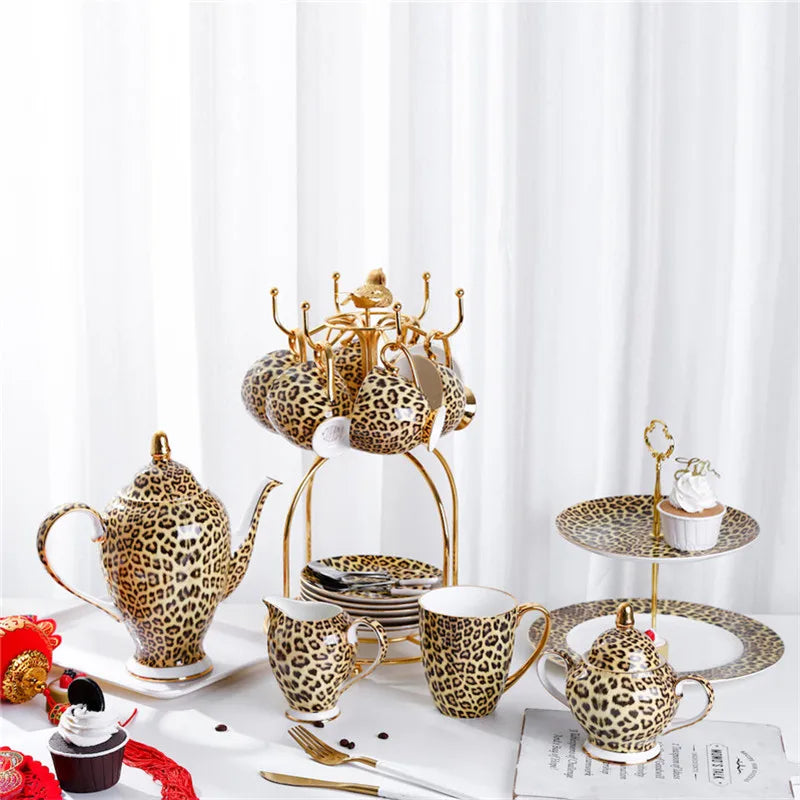 Leopard Print Ceramic Coffee Set Cups & Saucers