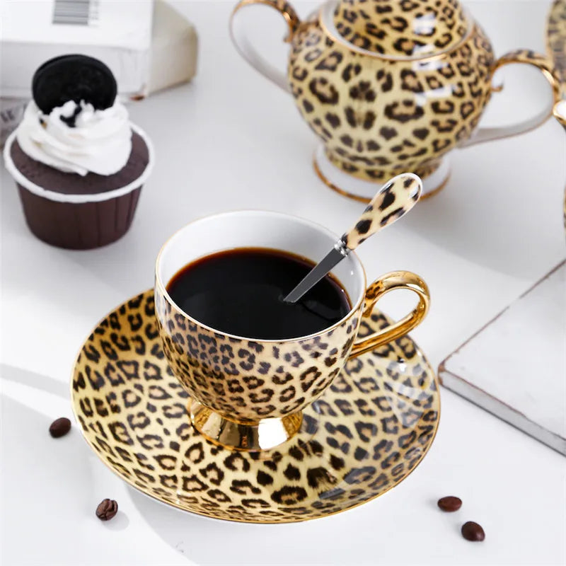 Leopard Print Ceramic Coffee Set Cups & Saucers