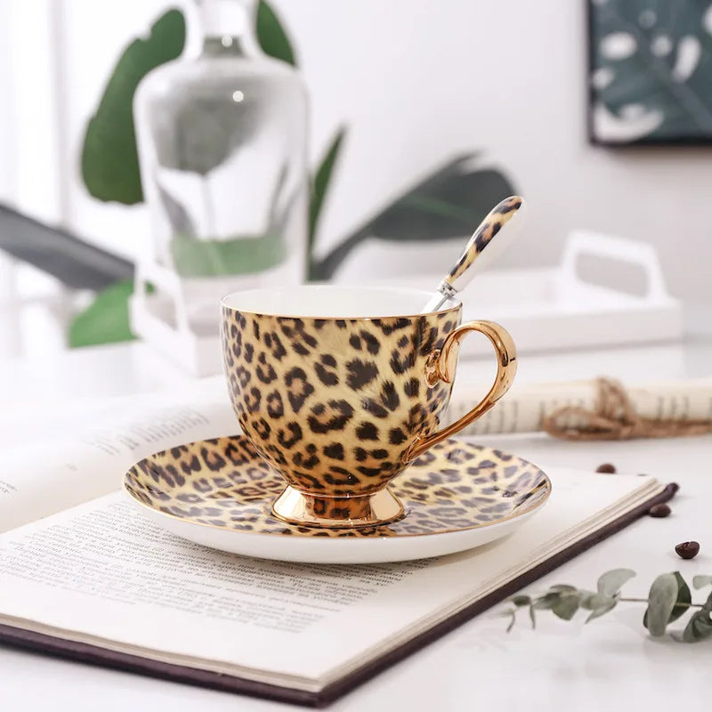 Leopard Print Ceramic Coffee Set Cups & Saucers