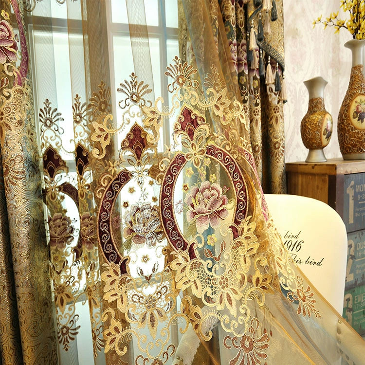 European-Style Gold Silk Cut Out Embroidered Jacquard Curtain