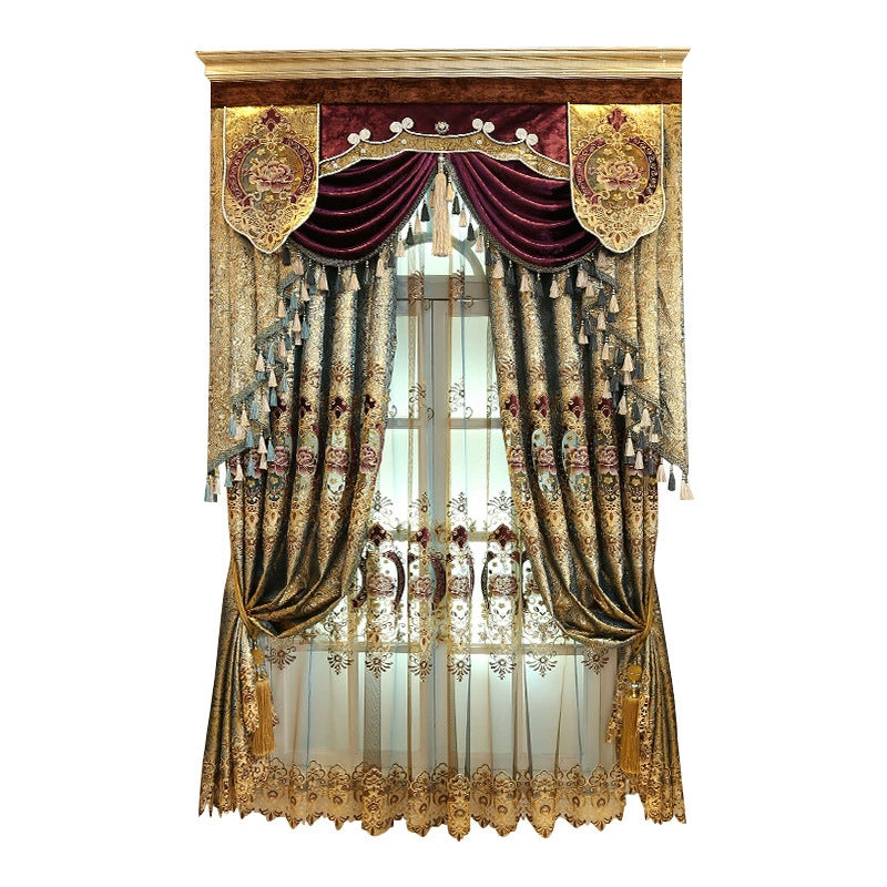 European-Style Gold Silk Cut Out Embroidered Jacquard Curtain