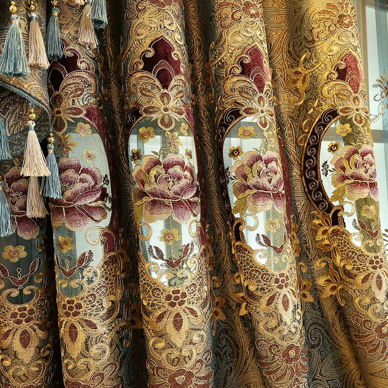 European-Style Gold Silk Cut Out Embroidered Jacquard Curtain