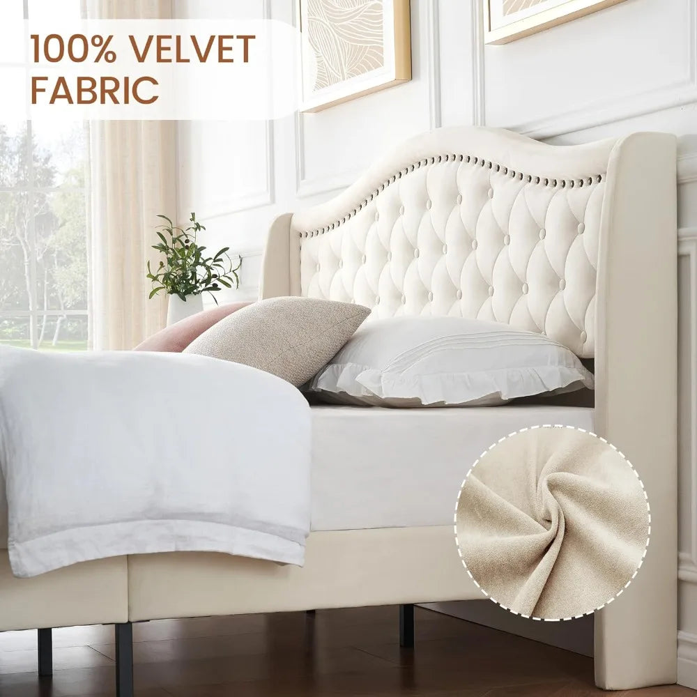 Padded platform bed with wingback high headboard