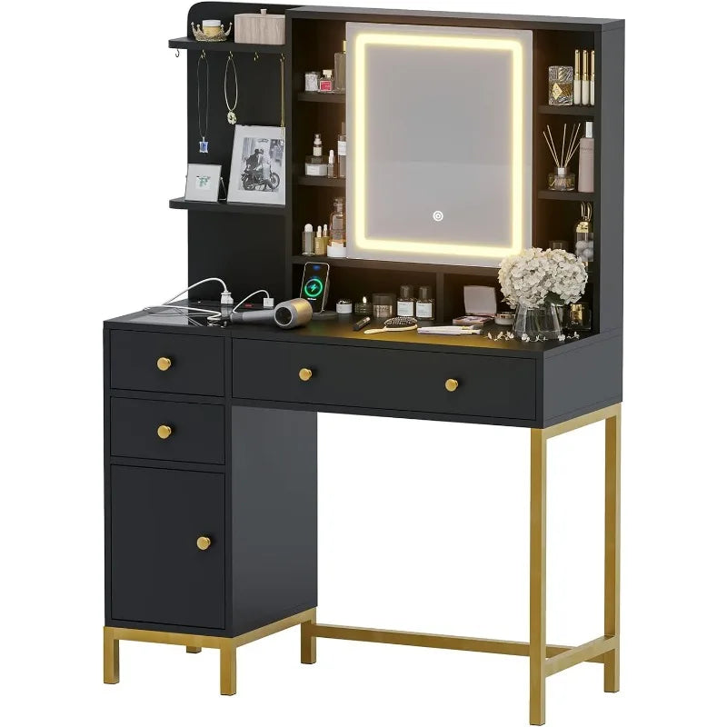 Vanity Desk with Openable Mirror & 3-Color Dimmable