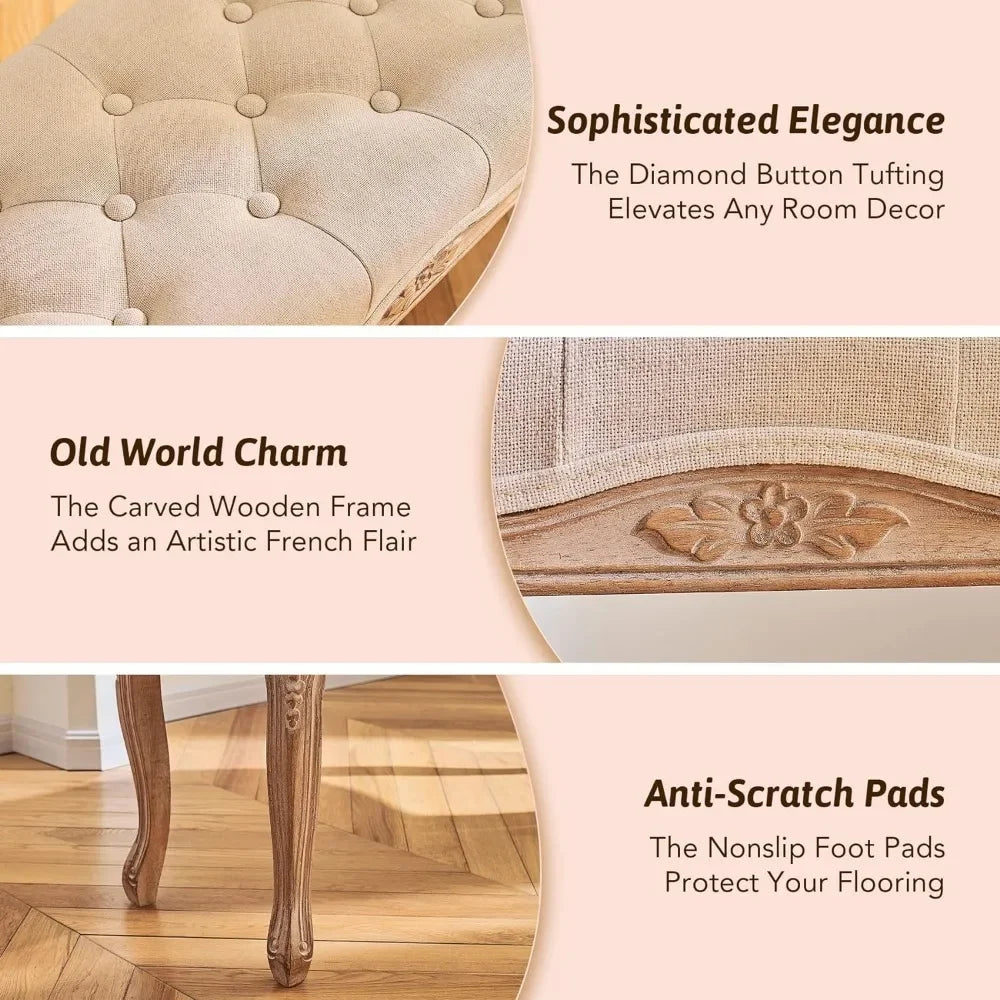 French Style Stool Tufted Fabric End of Bed Bench
