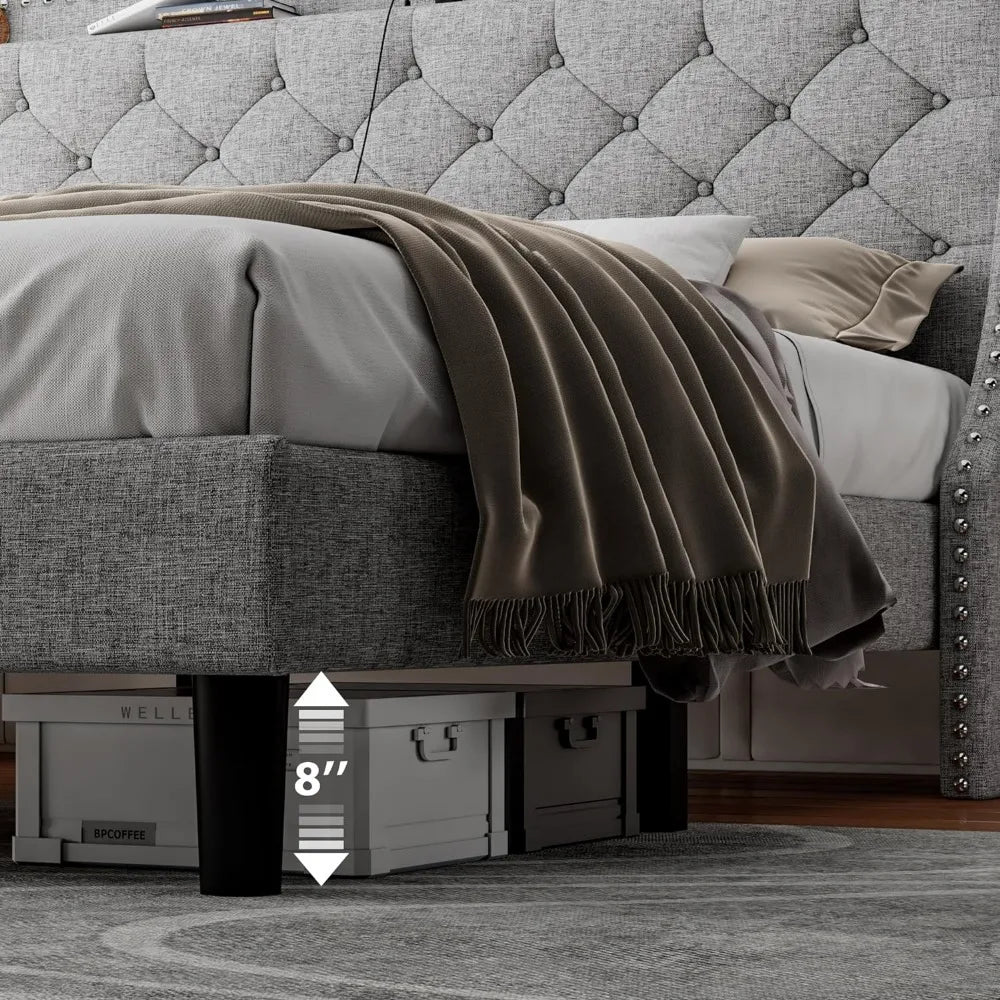 King Bed Frame with Luxury Wingback Upholstered Button Tufted Storage Headboard