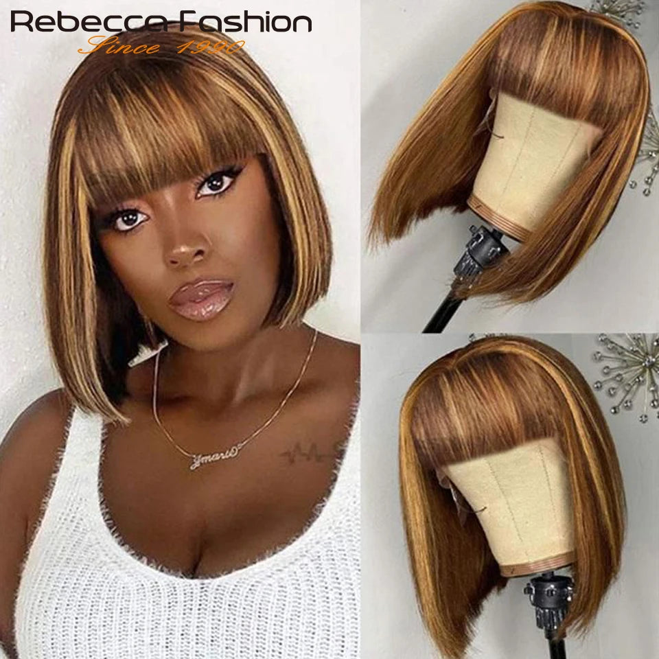 Short Cut P4/30 Highlight Straight Human Hair Wigs with bangs