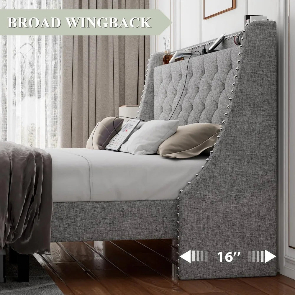 King Bed Frame with Luxury Wingback Upholstered Button Tufted Storage Headboard