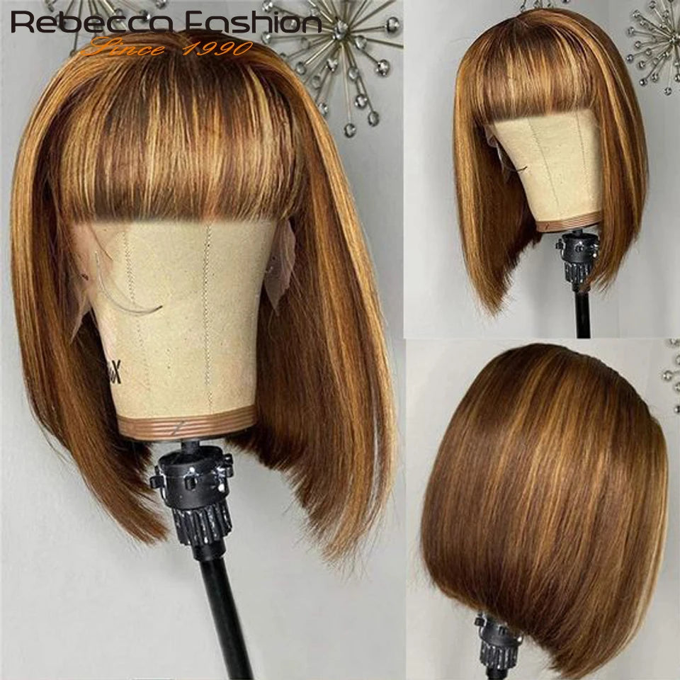 Short Cut P4/30 Highlight Straight Human Hair Wigs with bangs