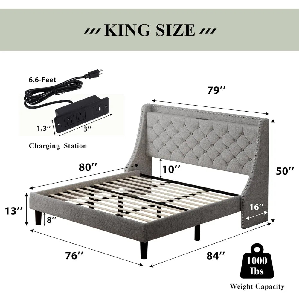 King Bed Frame with Luxury Wingback Upholstered Button Tufted Storage Headboard