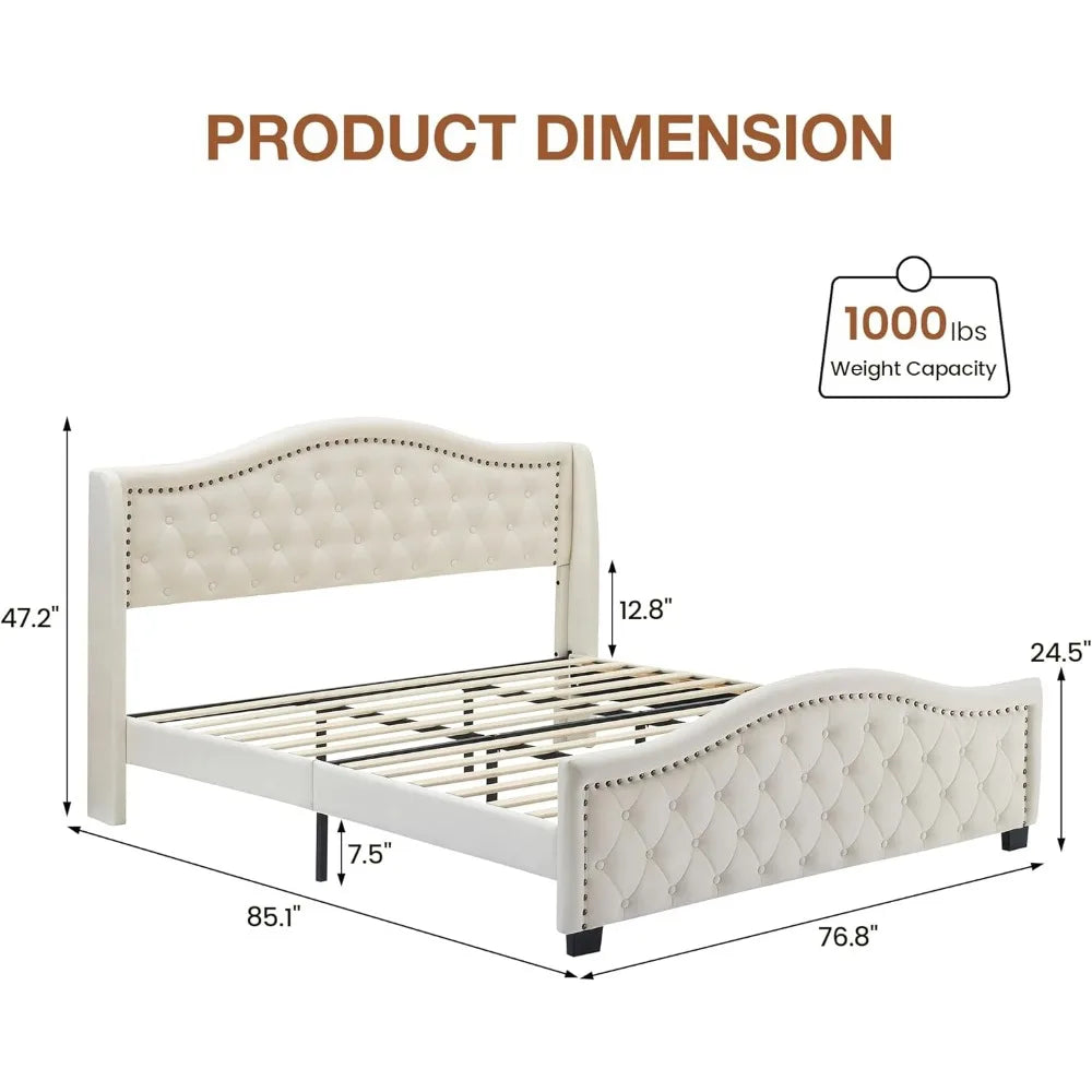 Padded platform bed with wingback high headboard