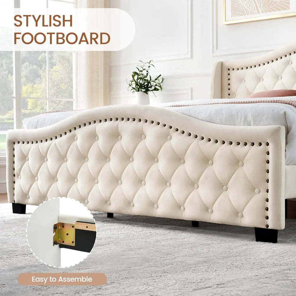 Padded platform bed with wingback high headboard