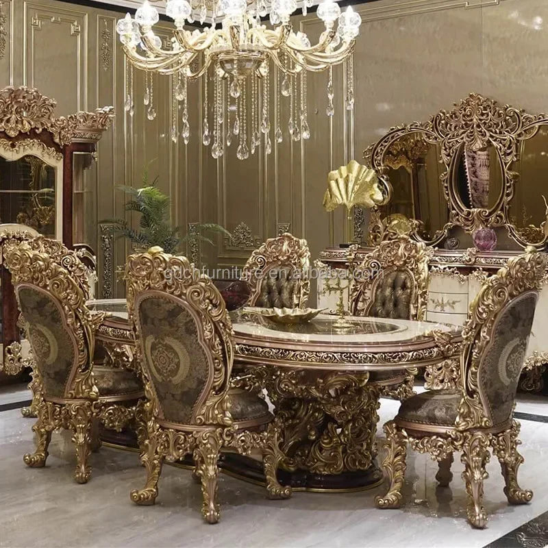 French Hand Carved Antique Baroque Round Dining Table Set