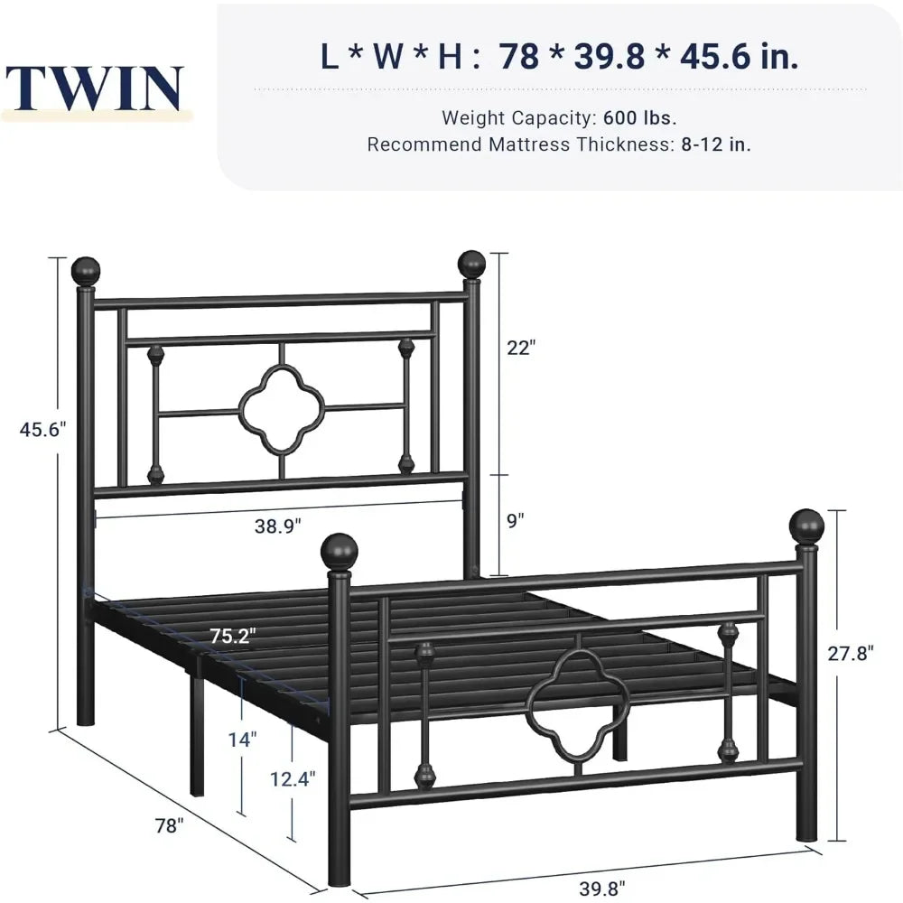 Metal bed frame with headboard and footboard