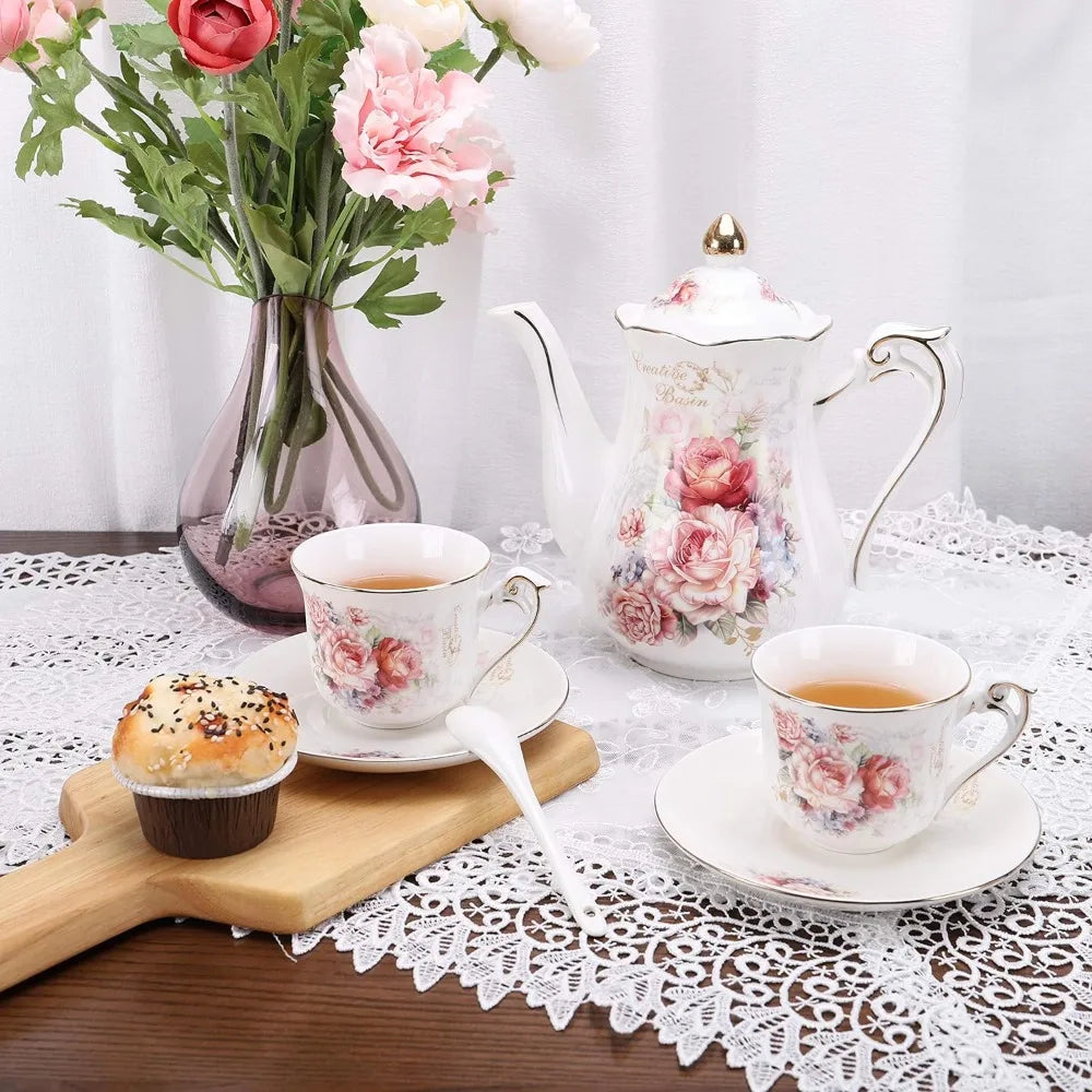 Porcelain Vintage Tea Set with Rose Pattern