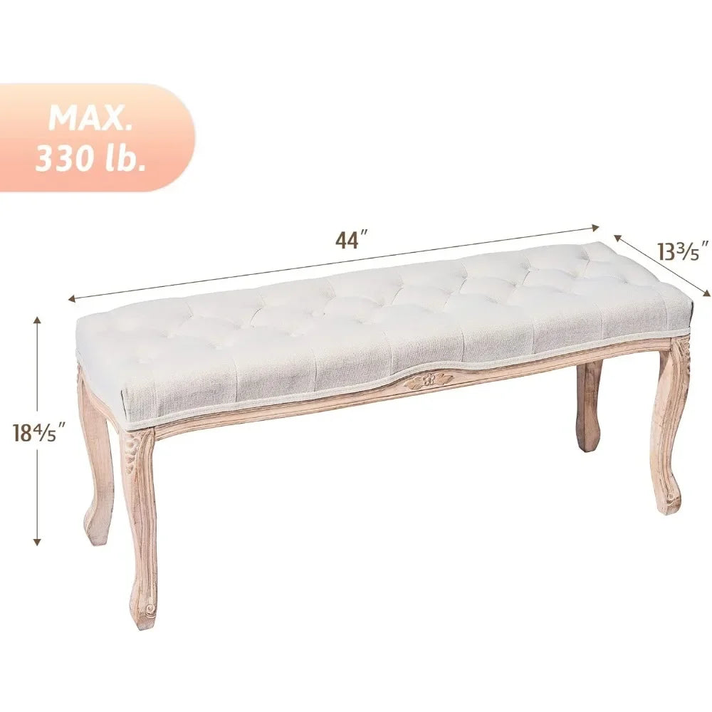 French Style Stool Tufted Fabric End of Bed Bench