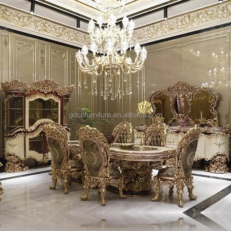 French Hand Carved Antique Baroque Round Dining Table Set