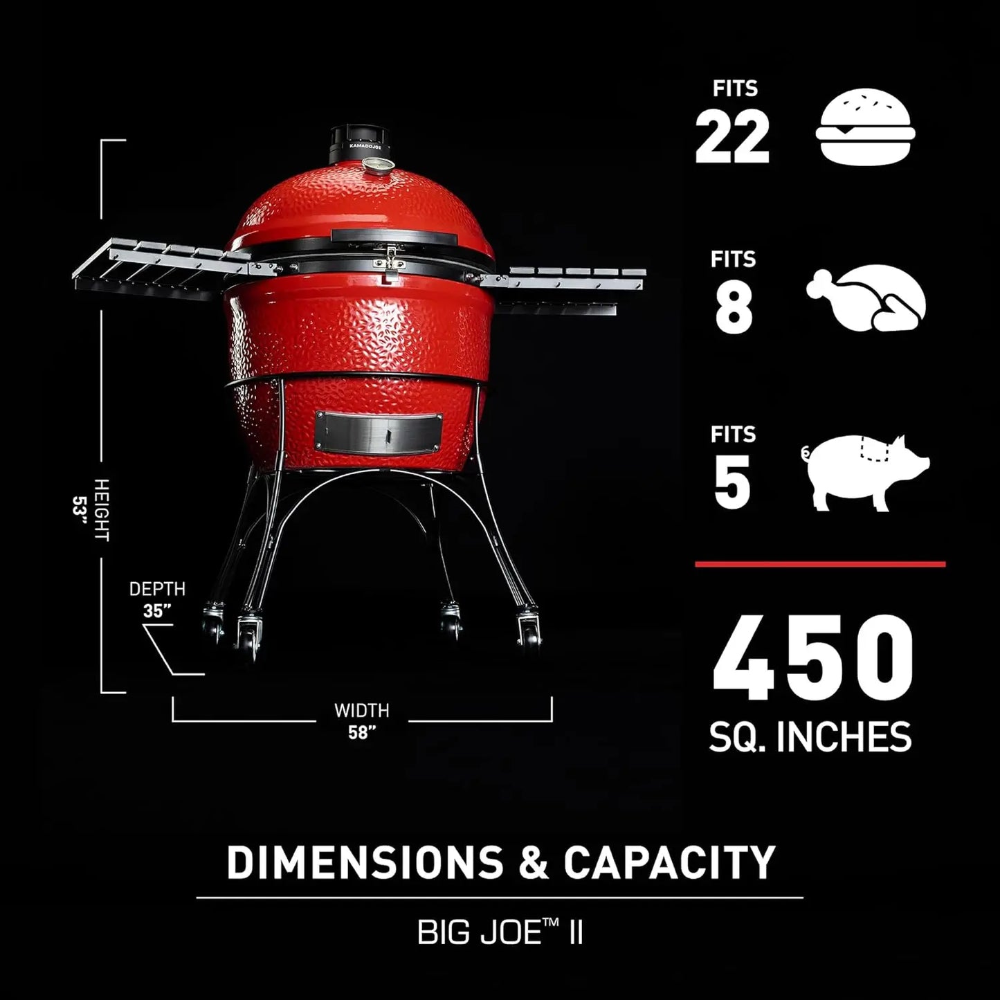 24-inch Ceramic Charcoal Grill Smoker with Cart, Side Shelves Stainless Steel Grates 450 Cooking Square Inches in Red