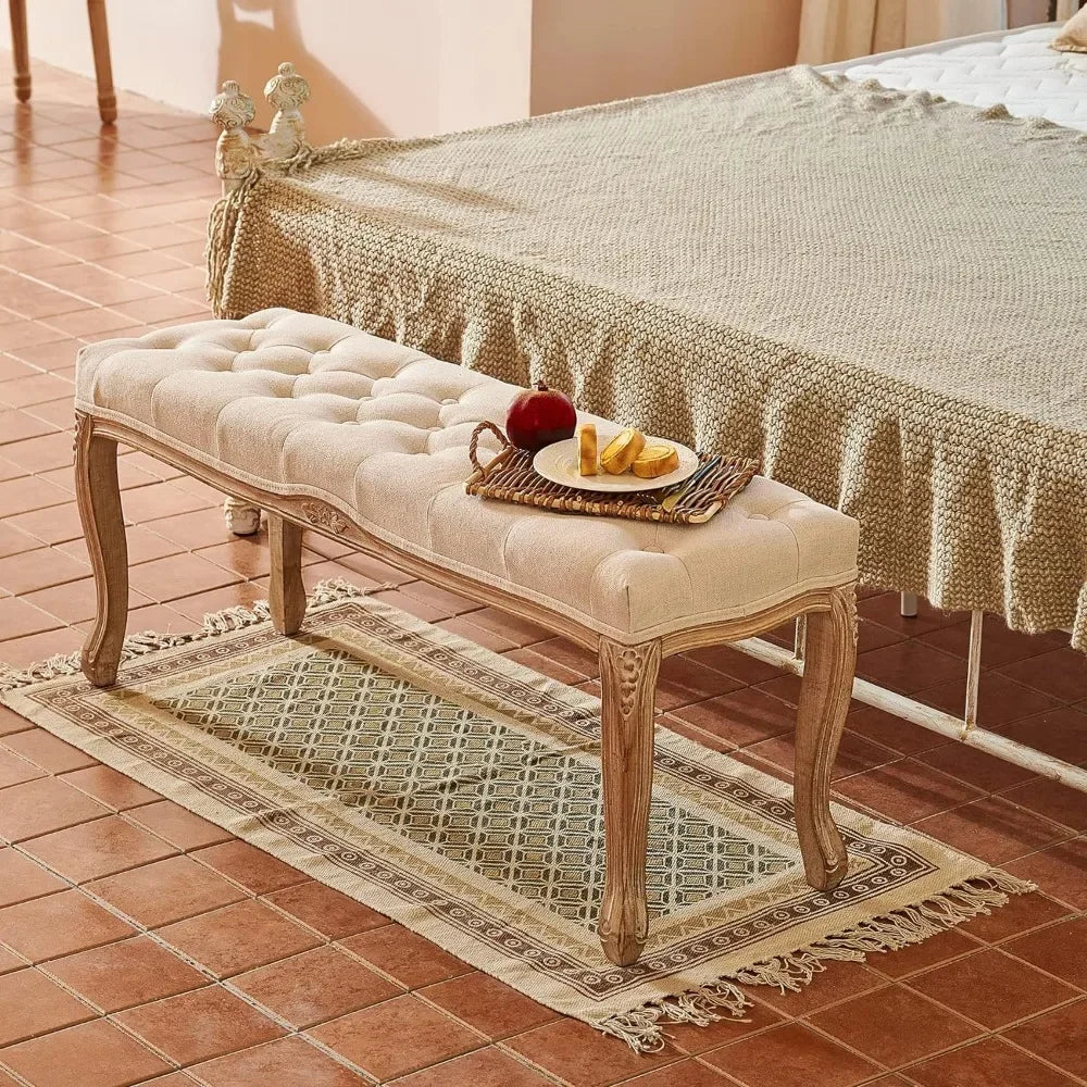 French Style Stool Tufted Fabric End of Bed Bench