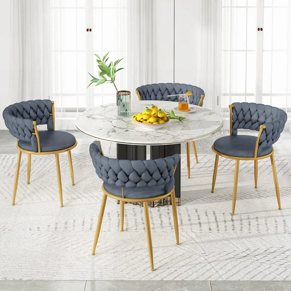 Velvet Upholstered Chairs Set with Gold Metal Legs