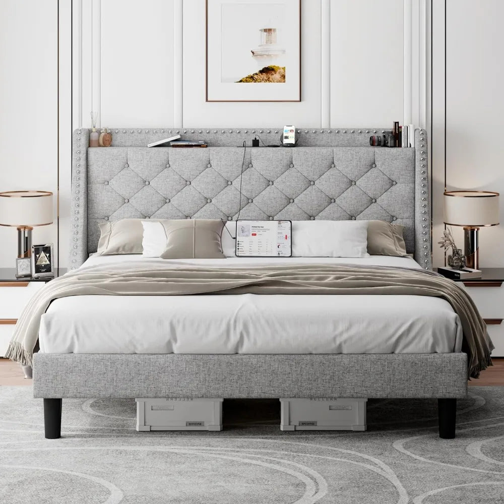 King Bed Frame with Luxury Wingback Upholstered Button Tufted Storage Headboard