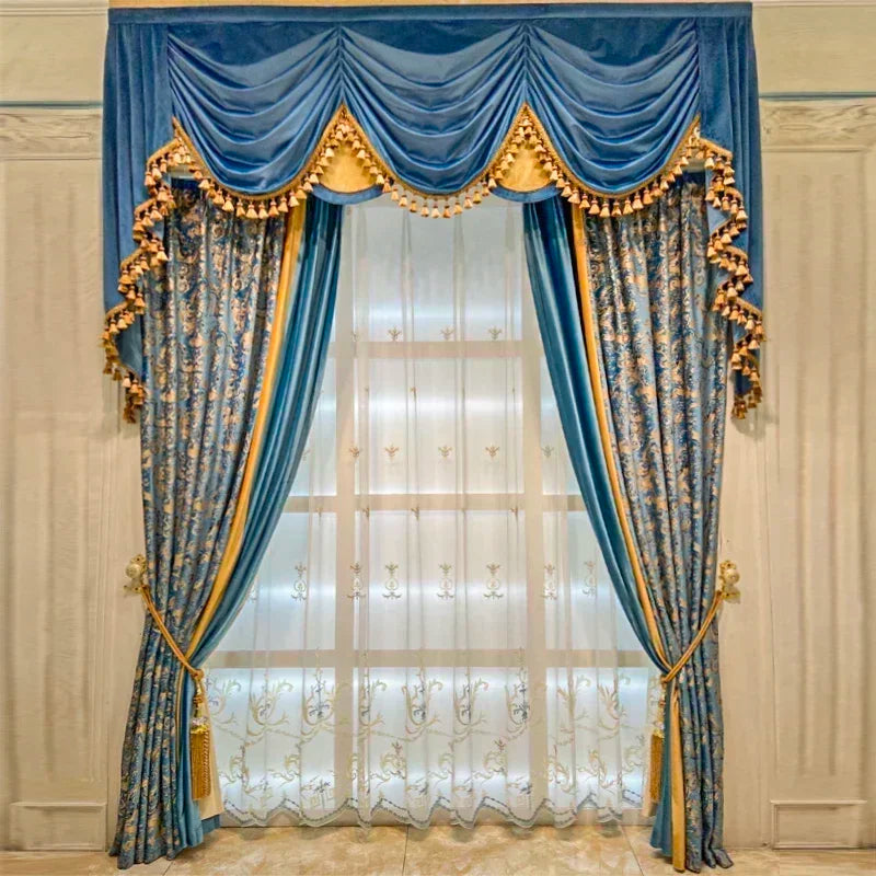 European-style minimalist luxury blue carved blackout curtains