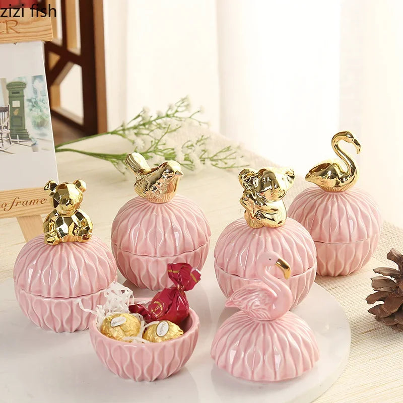 Pink geometric Animals ceramic jewelry boxes