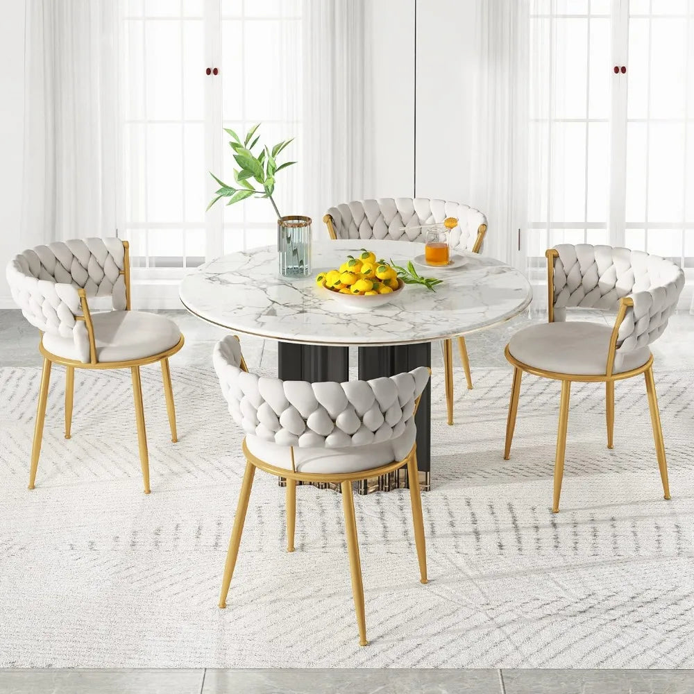 Velvet Upholstered Chairs Set with Gold Metal Legs