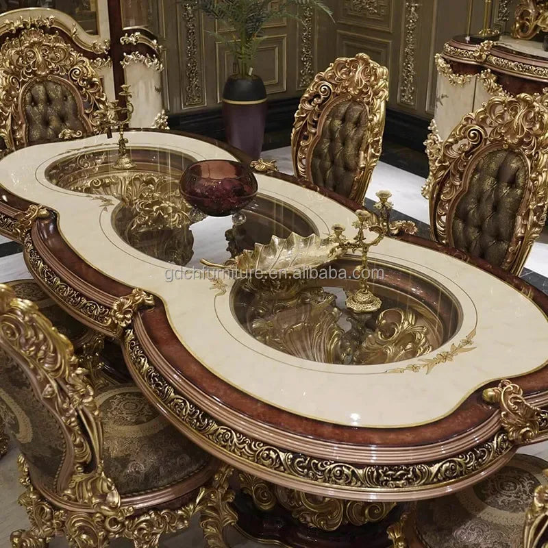 French Hand Carved Antique Baroque Round Dining Table Set