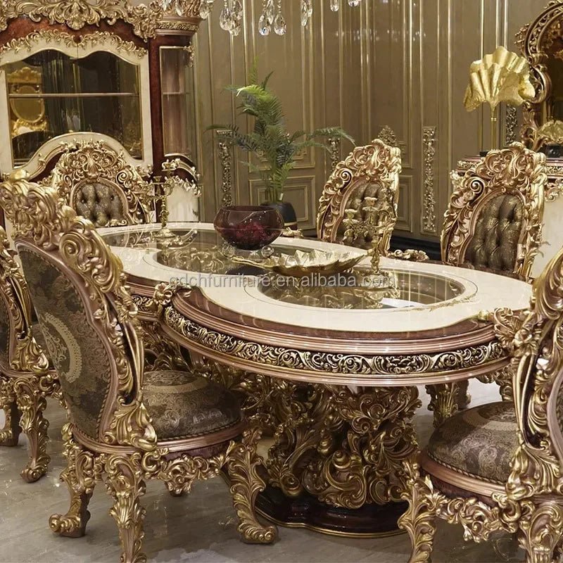 French Hand Carved Antique Baroque Round Dining Table Set