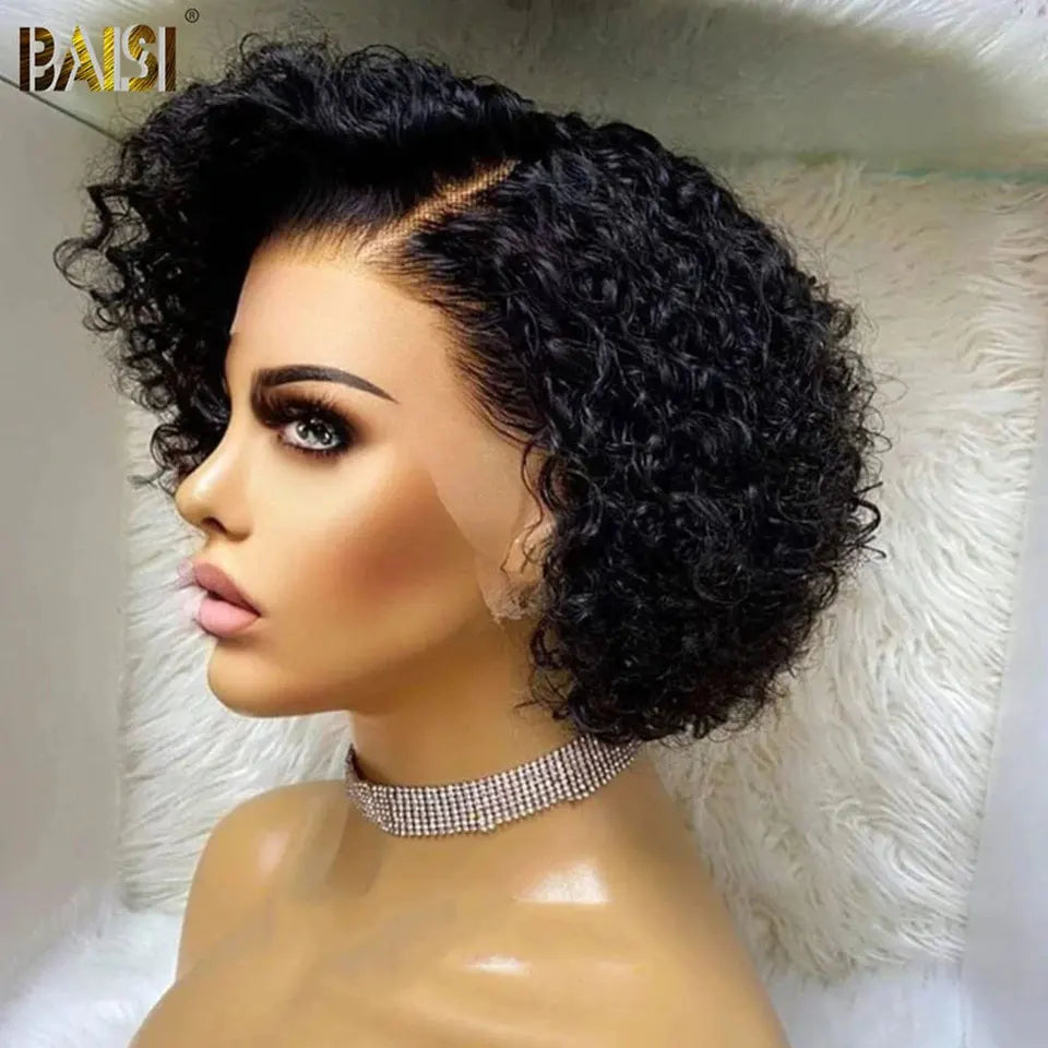 BAISI Curly Short Pixie Cut Human Hair Wigs