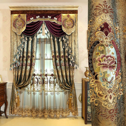 European-Style Gold Silk Cut Out Embroidered Jacquard Curtain