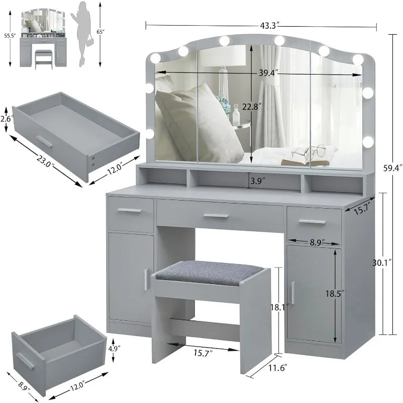 Large Vanity Desk with Large Lighted Mirror