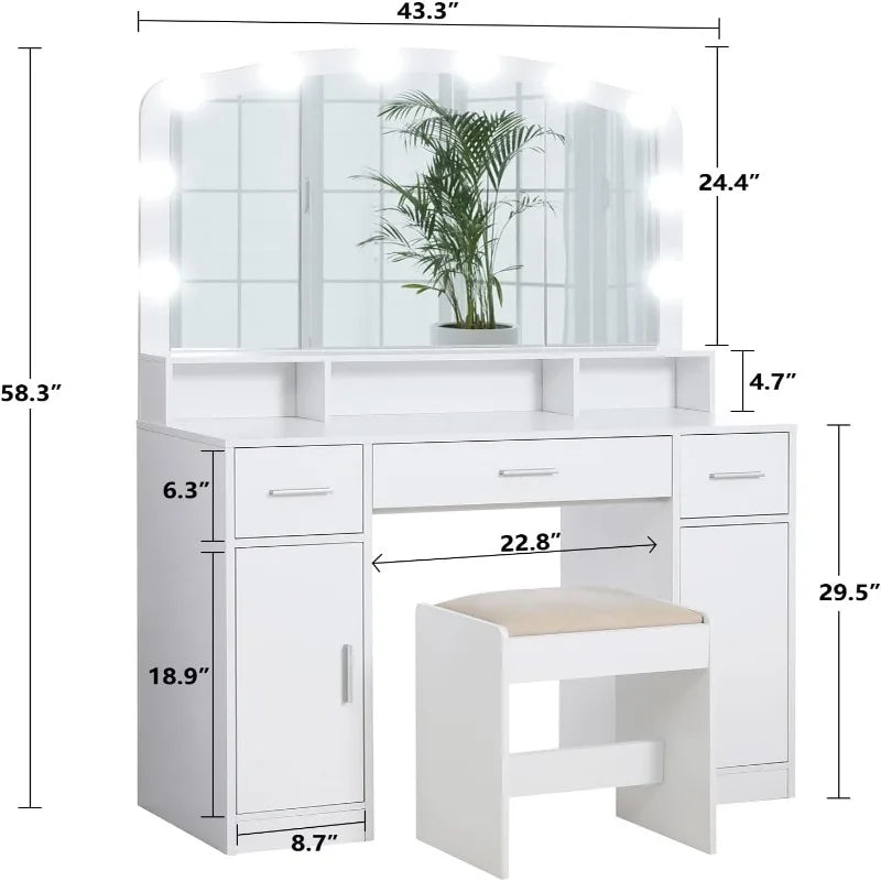 Large Vanity Desk with Large Lighted Mirror