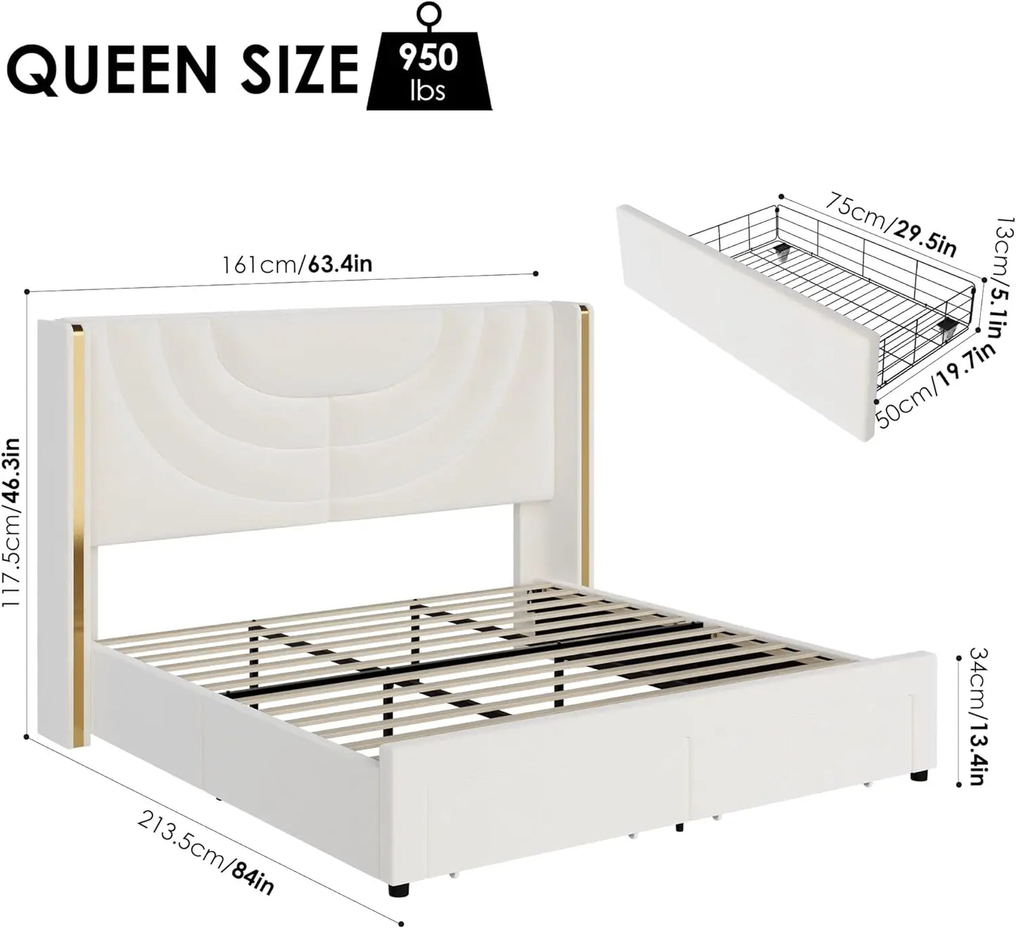 HITHOS Queen Upholstered LED Bed Frame with 2 Storage Drawers