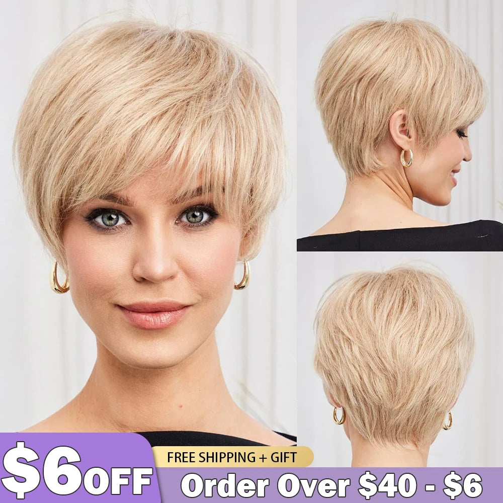 HAIRCUBE Human Hair Pixie Cut Straight Wigs With Bang
