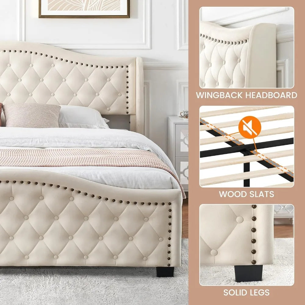 Padded platform bed with wingback high headboard