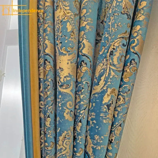 European-style minimalist luxury blue carved blackout curtains