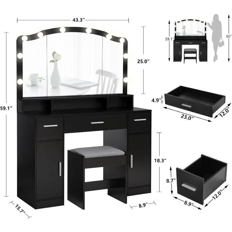 Large Vanity Desk with Large Lighted Mirror