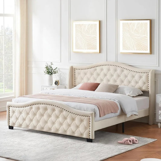 Padded platform bed with wingback high headboard