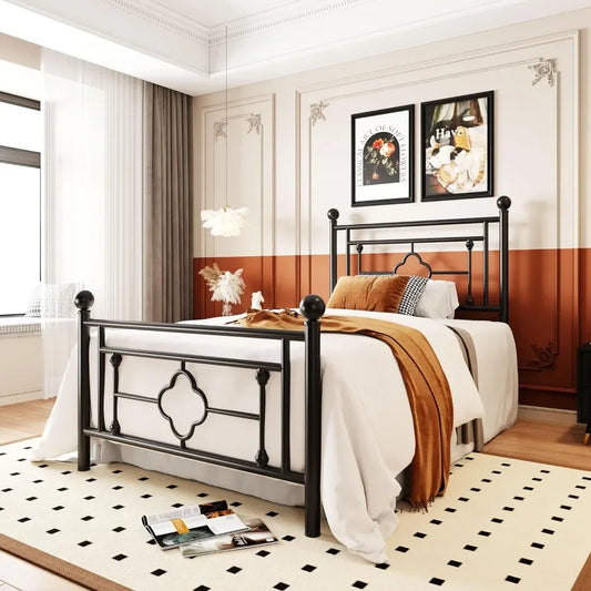 Metal bed frame with headboard and footboard