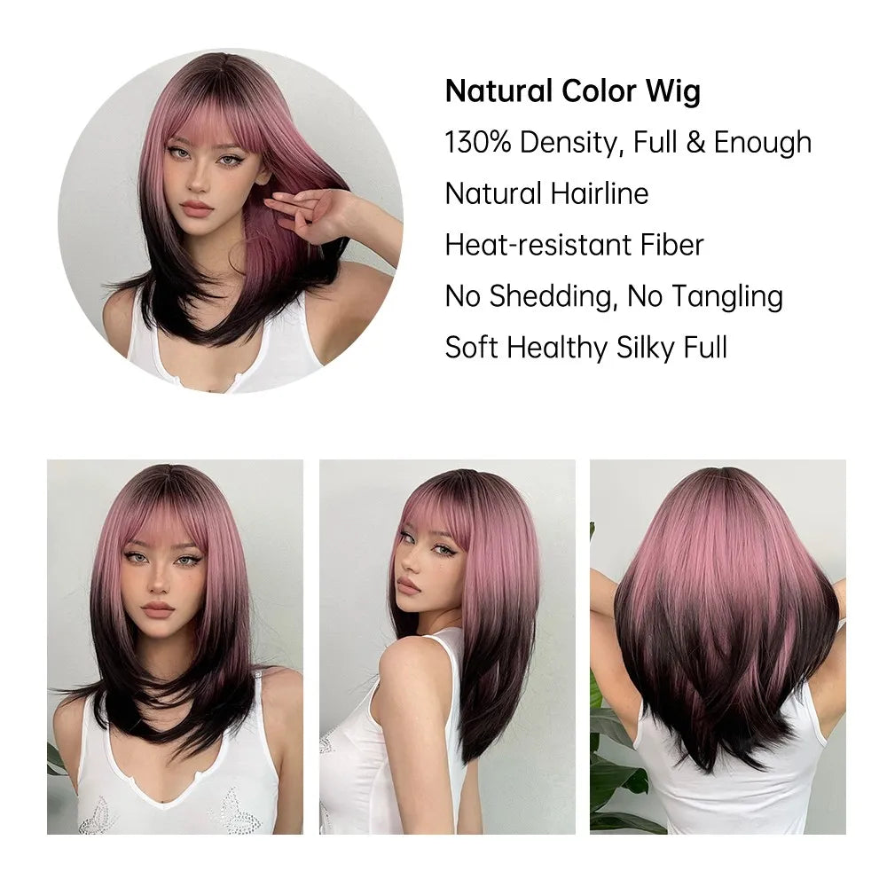 LOUIS FERRE Black Pink Ombre Synthetic Wigs