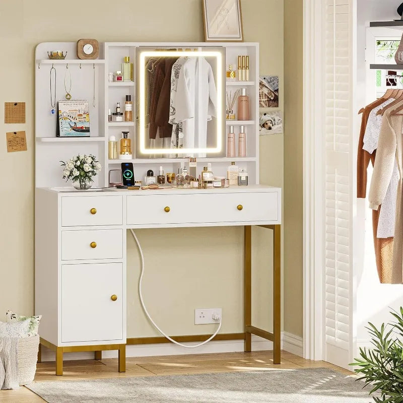 Vanity Desk with Openable Mirror & 3-Color Dimmable