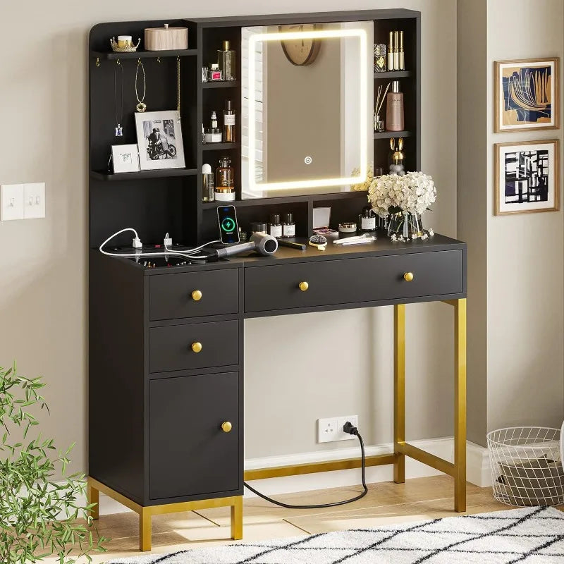 Vanity Desk with Openable Mirror & 3-Color Dimmable