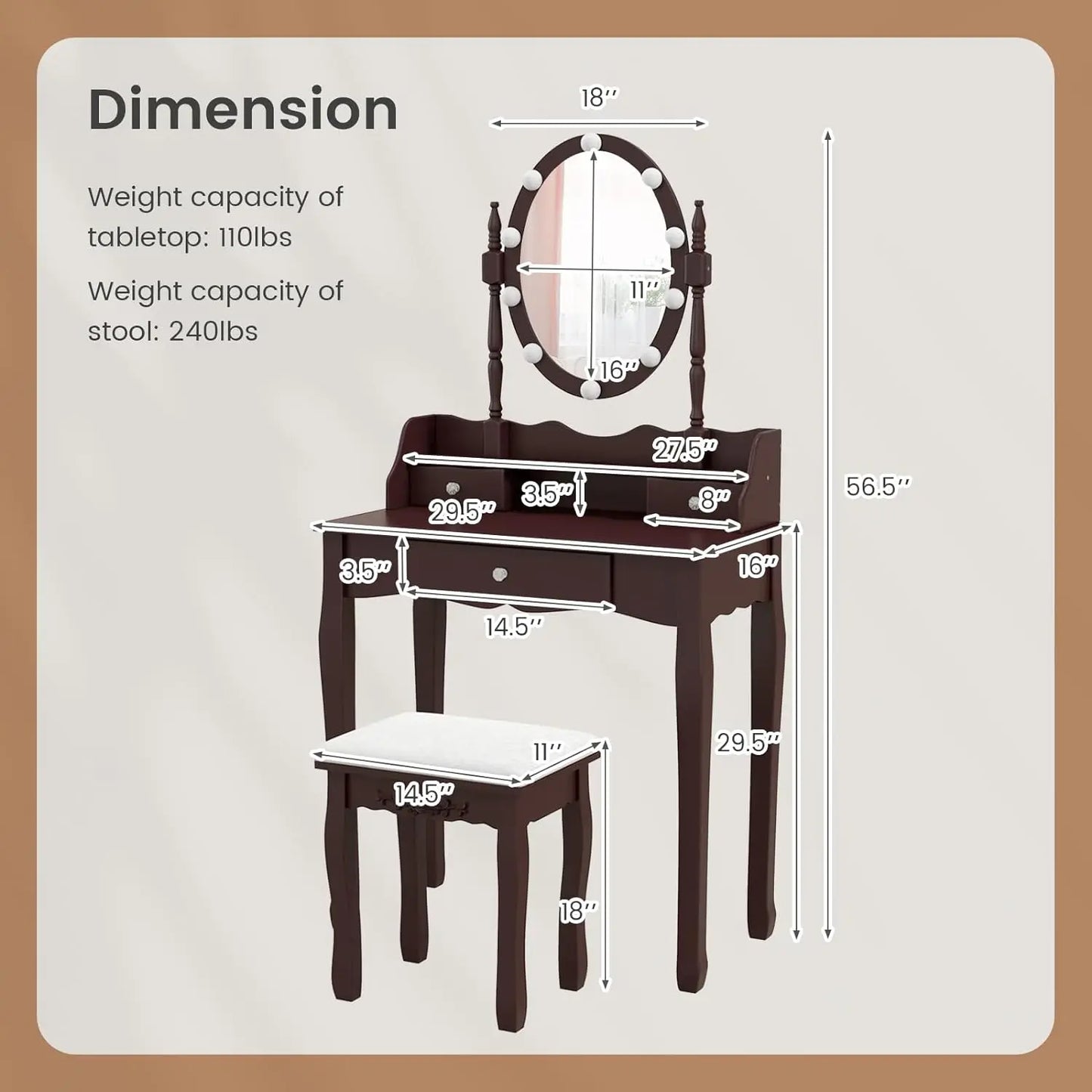GOFLAME Vanity Table Set with Rotatable Mirror