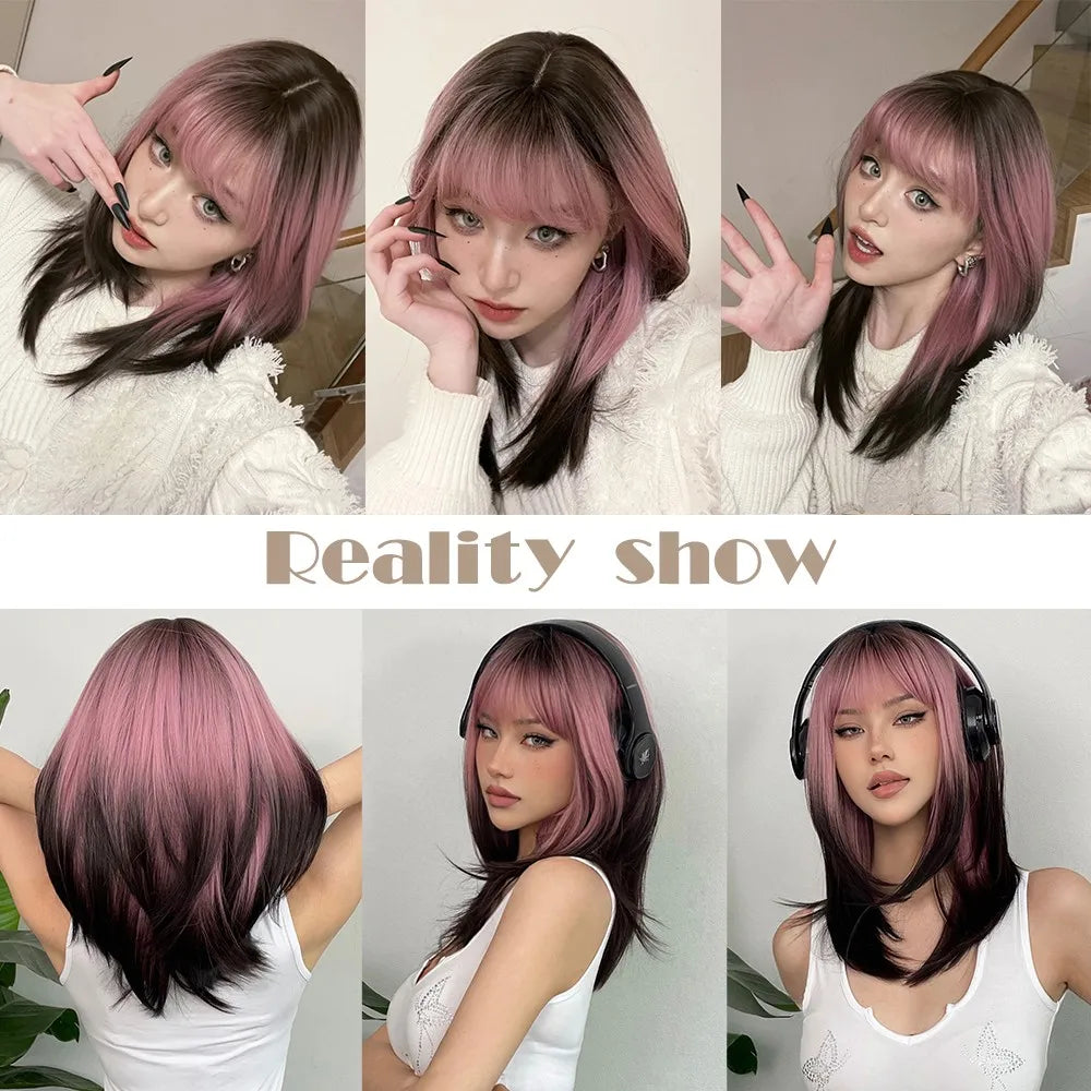 LOUIS FERRE Black Pink Ombre Synthetic Wigs