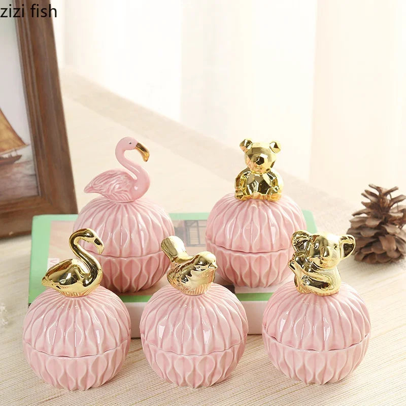 Pink geometric Animals ceramic jewelry boxes