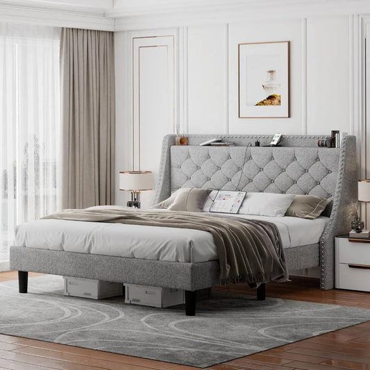 King Bed Frame with Luxury Wingback Upholstered Button Tufted Storage Headboard