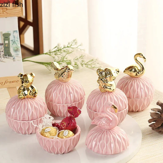 Pink geometric Animals ceramic jewelry boxes