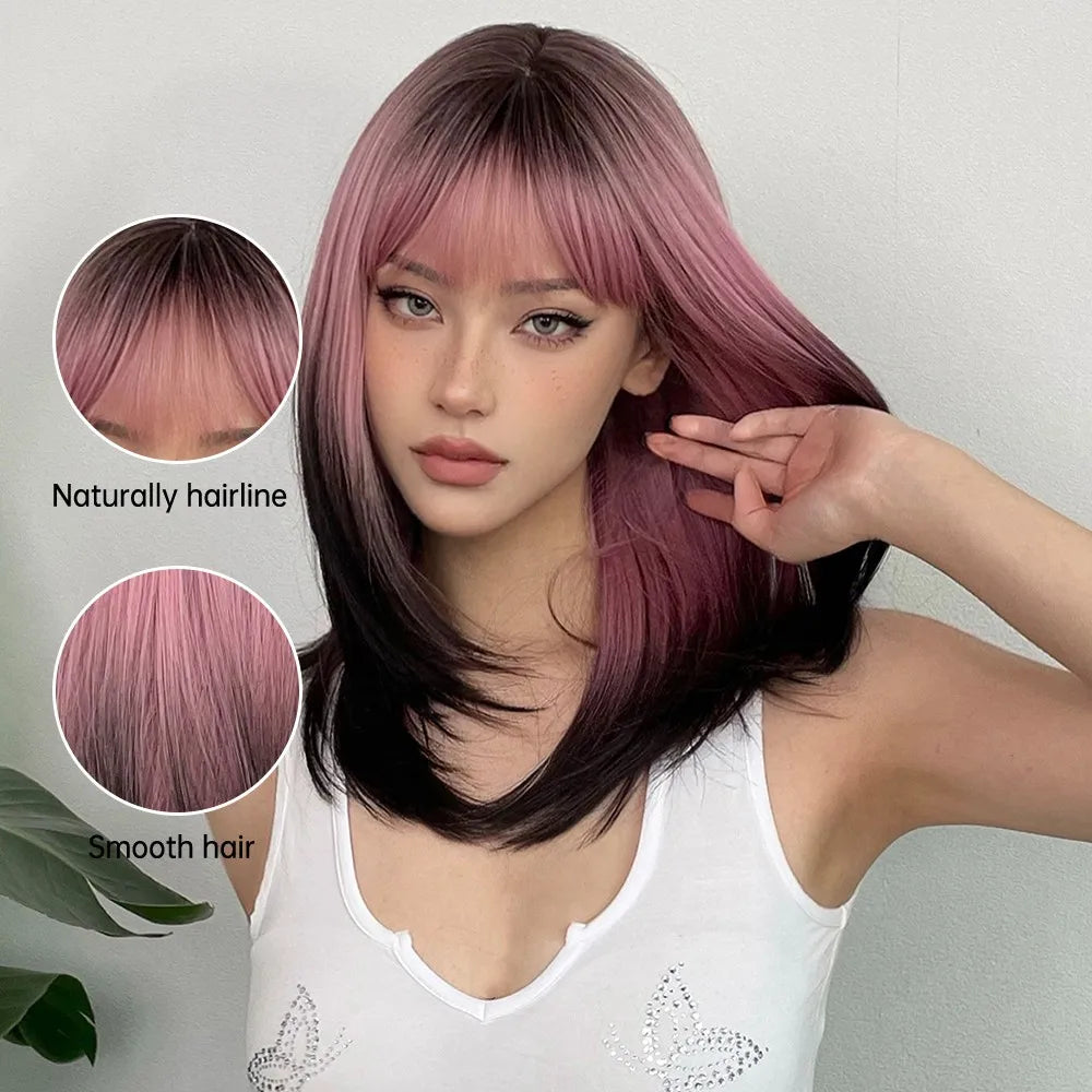 LOUIS FERRE Black Pink Ombre Synthetic Wigs